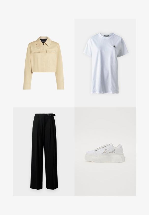 Krótkie beżowe kurtka z wystającym kołnierzem, dwiema przednimi kieszeniami i zapięciem na guzik. Gładka tekstura i subtelne logo na klatce piersiowej.; Biała bawełniana koszulka z krótkim rękawem, okrągłym dekoltem i małym czarnym logo na lewej stronie klatki piersiowej. Gładka tekstura, luźny krój.; Czarne spodnie szerokie w nogawkach z wysokim stanem, z plisami z przodu oraz paskiem z klamrą. Wykonane z gładkiego, lekkiego materiału.; Białe płótniowe trampki z żebrowaną podeszwą, z srebrnym haftem "Karl" po boku i sznurowanym zapięciem.