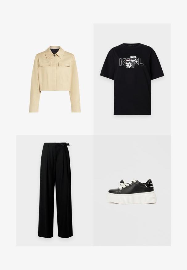 Izgriezta bežīga jaka ar norādītu apkakli, divām priekšējām kabatām un pogu aizdari. Gluda tekstūra un diskrēta zīmola identifikācija uz krūtīm.; Melna kokvilnas T-kreklu ar grafisku attēlu, kurā attēloti divi karikatūru tēli ar saulesbrillēm, kopā ar tekstu "KARL" treknrakstā.; Melni plaši bikses ar augsto jostasvītru, priekšā ar krokojiem un jostu ar sprādzi. Izgatavotas no gludas, vieglas auduma.; Melnas ādas sporta kurpes ar biezām baltām ritentiņu zole, ar baltām šņorēm un dekoratīvu loku akcentu uz mēles.