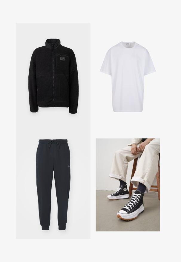 Black zip-up fleece jacket with a textured, fuzzy surface, stand collar, and a chest pocket featuring a branded tag.; White cotton t-shirt with short sleeves, rounded neckline, relaxed fit, and no visible logos or patterns. Smooth texture and minimal design.; Black jogger pants made of soft fabric, featuring an elastic waistband with a drawstring, ribbed cuffs, and a small logo on the left thigh.; High-top black sneakers with white laces and rubber toe cap. Thick white sole with a textured brown outsole, worn with navy striped socks.