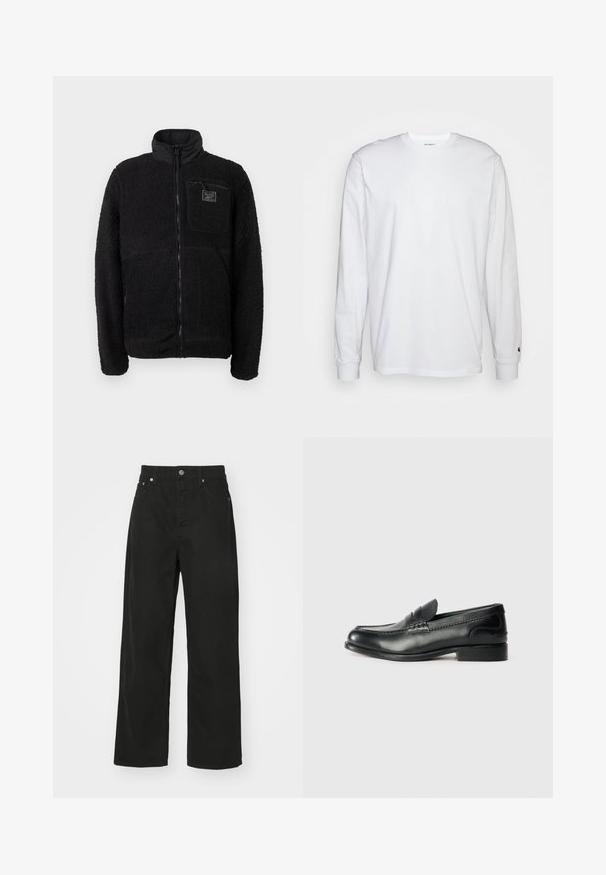 Melna zip-up vilnas jaka ar teksturētu, pūkainu virsmu, stāvošu apkakli un krūšu kabatu ar zīmola birku.; Balta garām piedurknēm T-kreklā, kas izgatavots no kokvilnas. Arapa kakla dizains ar ribotām aprocēm un mazu logotipu uz kreisās piedurknes. Gluda tekstūra.; Melnas denim bikses ar taisna caurumu dizainu, kas aprīkotas ar piecām kabatām, pogu aizdari un klasisku jostu. Gluda tekstūra.; Melnas ādas loafers ar gludu apdari, izšūtiem detaļām pa vampu un nedaudz paceltu papēdi.