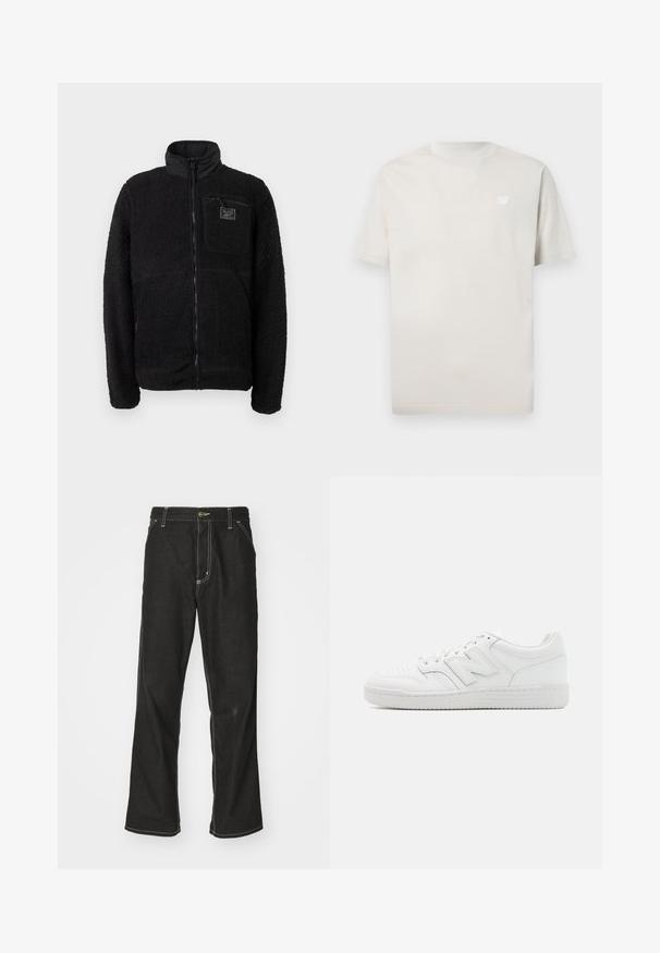 Juodas užtrauktukas vilnonis švarkas su tekstūruotu, pūkuotu paviršiumi, stovinčiu apykakle ir krūtine kišene su prekės ženklu.; New Balance ESSENTIALS - Paprasti marškinėliai - grey; Juodi džinsai su laisvu siluetu, turintys kontrastingas balto siūlo siūles, mygtuko uždarymą ir tiesų kojos dizainą.; Balti sportbačiai, pagaminti iš lygaus odos, su perforuota nosimi, tekstūruotu guminiais padais, plokščiomis raištelėmis ir ryškiu 'N' logotipu šone.