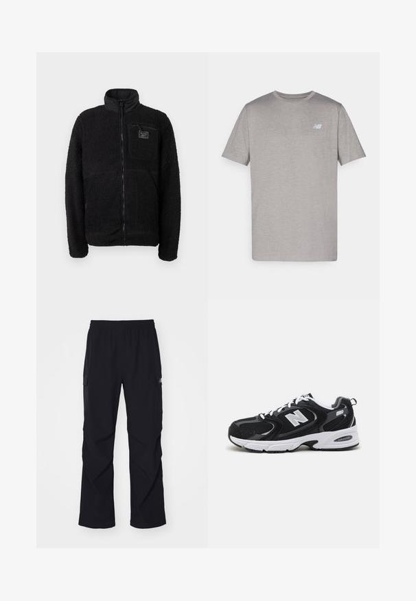 Black zip-up fleece jacket with a textured, fuzzy surface, stand collar, and a chest pocket featuring a branded tag.; Gray short-sleeve t-shirt made of soft fabric featuring a subtle logo in light blue on the left chest. Round neckline, regular fit.; Black cargo pants made of lightweight material, featuring an elastic waistband, side pockets, and a straight leg design.; Black and gray athletic shoes with mesh and suede upper, featuring a white midsole, laces, and a bold "N" logo on the side.