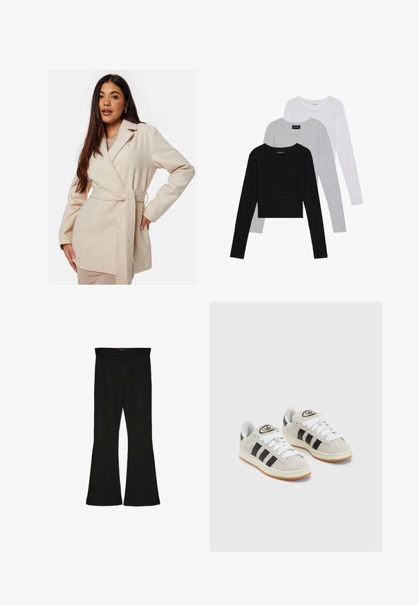 Beige wikkeljas met lange mouwen, een uitgeknipt kraag en een strikband in de taille. Gemaakt van een zachte, gestructureerde stof. Heeft zijzakken.; Drie langmouwige tops gestapeld: zwart, grijs en wit. Elke top heeft een ronde halslijn en een cropped ontwerp van soepel, lichtgewicht materiaal.; Zwarte flare leggings gemaakt van rekbaar materiaal. Beschikt over een brede tailleband en een zachte textuur, met een getailleerd silhouet dat uitloopt bij de zoom.; Grijze nubucklederen sneakers met witte veters, zwarte strepen en een witte rubberen zool. Bevat een rond logo op de tong en een gumzool.