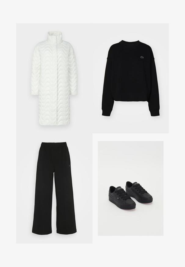 Fehér steppelt kabát magas gallérral, hullámos textúrával, hosszú ujjakkal és egyenes sziluettel. Nincsenek látható záródások vagy zsebek.; Fekete pulóver kerek nyakkal, esést vállakkal és bordás mandzsettával. Kis hímzett logóval rendelkezik a mellkasán. Puha szövettextúra.; Fekete, bőszárú nadrág rugalmas derékrésszel. Puha, könnyű anyagból készült. Elülső részén vertikális varrásokkal rendelkezik.; Fekete alacsony szárú sportcipő sima anyagból, vastag fűzőkkel, textúrázott talppal, valamint kis logóval az oldalán és a nyelvén.