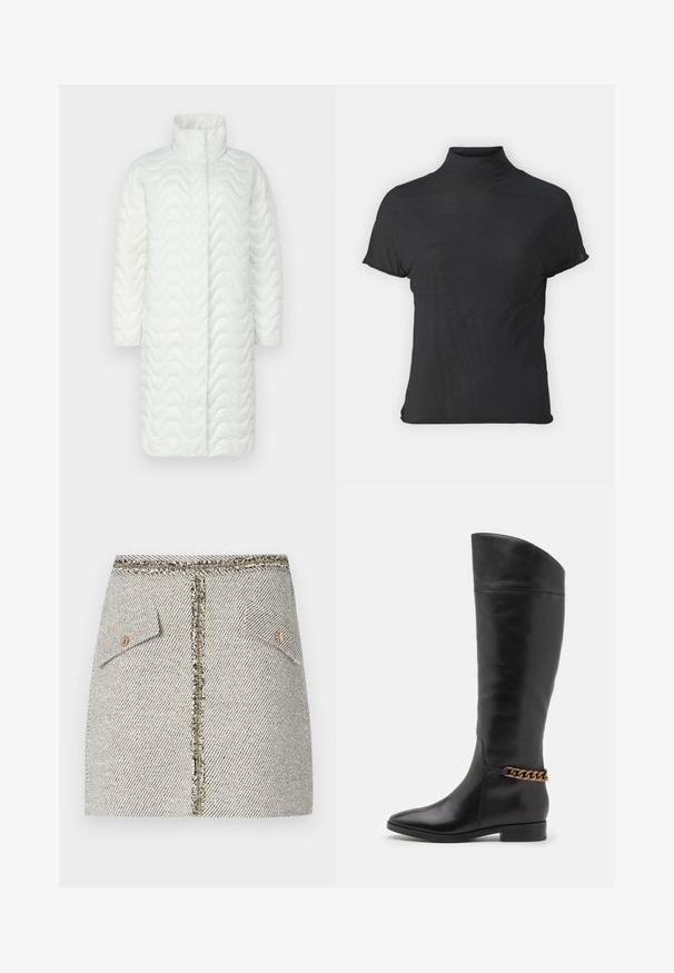 Bílý prošívaný kabát s vysokým límcem, s vlnitou texturou, dlouhými rukávy a rovnými liniemi. Bez viditelných zapínání nebo kapes.; Černý krátký rukáv turtleneck vyrobený z lehkého materiálu s hladkou texturou a přiléhavým střihem, s vysokým výstřihem.; Tkaná tweedová sukně v bílé a černé barvě s vzorem rybí kost, má dvě přední kapsy a zlatý zip na zadní straně s třásněmi.; Vysoké černé kožené boty s elegantním designem, špičatou špičkou a zlatým řetízkem na kotníku. Nízký blokový podpatek. Hladká textura.