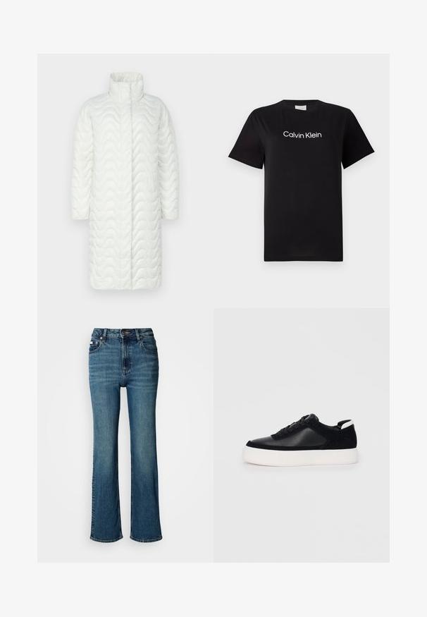 Baltas patalynės paltas su aukštu apykakle, turintis banginę tekstūrą, ilgas rankoves ir tiesią siluetą. Nėra matomų tvirtinimo detalių ar kišenių.; Juodas medvilninis marškinėliai trumpomis rankovėmis, su baltu logotipu "Calvin Klein" spausdintu ant krūtinės. Klasikinio apvalaus kaklo dizainas.; Aukštai juosmeniu mėlyni džinsai iš denimo, turintys tiesaus kirpimo dizainą, švelnų blukimą ir standartinį mygtuko bei užtrauktuko uždarymą.; Juodi sportbačiai su lygiu oda ir zomšinėmis detalėmis, plokščiomis raišteliais, apvaliu walko ir balta guma iš baze. Išskirtinė logotipas ant kulno.