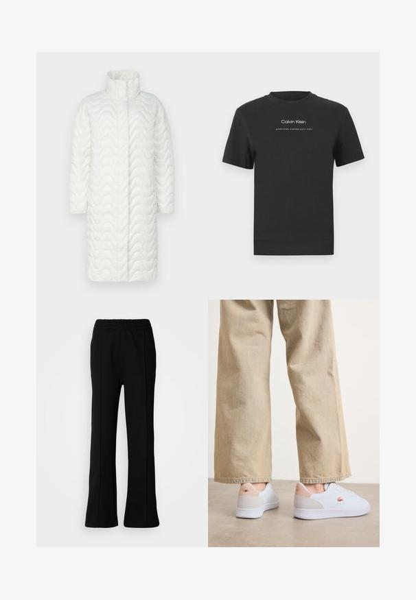 Baltas patalynės paltas su aukštu apykakle, turintis banginę tekstūrą, ilgas rankoves ir tiesią siluetą. Nėra matomų tvirtinimo detalių ar kišenių.; Juodas medvilninis marškinėliai su apvaliu kaklu, trumpomis rankovėmis ir baltu spausdintu "Calvin Klein" logotipu bei tekstu "Įkurtas 1968".; Juodos elastinės kelnės su platėjančiu dizainu, pasižyminčios švariais kontūrais ir be matomų dekoracijų. Pagamintos iš sklandžiai lenkiančio audinio.; Baldai kedai su baltu odos paviršiumi, su smėlio spalvos zomšos akcentu ant kulno ir subtiliu ženklinimu. Suteikuota su šviesiai smėlio spalvos kelnėmis.