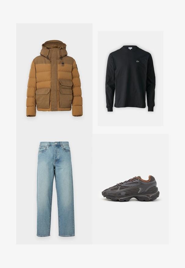 Braune Pufferjacke mit strukturiertem Kapuzenrand, doppelten Brusttaschen und durchgehendem Reißverschluss. Verfügt über einen kontrastierenden oberen Abschnitt und strapazierfähigen Stoff.; Schwarzes Langarm-T-Shirt aus Baumwolle, mit Rundhalsausschnitt und einem kleinen grünen, gestickten Krokodil-Logo auf der linken Brust.; Hellblaue Denim-Jeans mit lockerer Passform, geraden Beinen, fünf Taschen im Design und einem Knopfverschluss an der Taille. Minimalistische Nähdetails.; Lacoste Sneaker in Dunkelgrau aus Mesh und Synthetikmaterial, mit einer strukturierten Sohle und braunen Akzenten am Kragen und Logo.