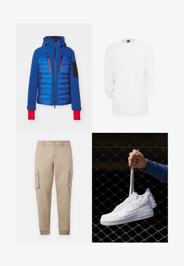 Toni Sailer EGON - Snowboardová bunda - oxford blue; Biela bavlnená tričko s dlhými rukávmi, okrúhlym výstrihom, voľným strihom a rebrovanými manžetami. Jednoduchý dizajn, bez grafiky alebo vzorov.; Béžové cargo nohavice vyrobené z ľahkej bavlny. Majú elastické manžety, viacero bočných vreciek a zapínanie na gombík.; Biele kožené tenisky s perforáciami, okrúhlou špičkou, plochou podrážkou a hrubými šnúrkami, pričom majú viditeľné logo swoosh a nápis "AIR" na päte.