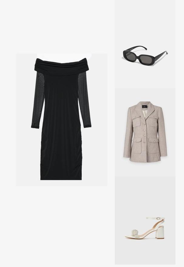 Blazer im Hahnentritt-Muster in hellbeige mit taillierter Passform, ausgestattet mit zwei Brusttaschen, knöpfbarem Frontverschluss und silberfarbenen Knöpfen.; Schwarzes, schulterfreies Kleid mit langen, transparenten Mesh-Ärmeln, gerafften Seiten, glattem Stoff und figurbetontem Schnitt.; Weißer Offene-Toe-Sandalette mit dicker Blockabsatz, ausgestattet mit einem strukturierten Glitzerband über dem Fuß und einem verstellbaren Knöchelriemen.; Schwarze rechteckige Sonnenbrillen mit dunklen Gläsern. Dicke Kunststofffassung, glatte Oberfläche und abgerundete Kanten. Modische Bügel verjüngen sich nach außen.; Schwarze Leder-Umhängetasche mit runder Form, zwei verstellbaren Trägern und einem dezenten Logo auf der Vorderseite. Strukturierte Außenseite, minimalistisches Design.