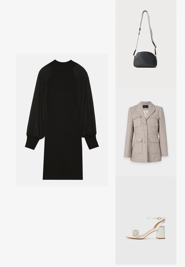 Blazer prydet med hounds tooth mønster i lys beige med en skræddersyet pasform, der har to brystlommer, knaplukning og sølvfarvede knapper.; Sort kjole med ribbet stof, puffede ærmer og høj halsudskæring. Silhuetten er lige og går ned til knæet.; Hvid åben tå sandal med en tyk blokhæl, der har et struktureret glimmerbånd over foden og en justerbar ankelrem.; Sort læder crossbody taske med en rundet form, to justerbare stropper og et diskret logo på fronten. Teksturert ydre, minimalistisk design.