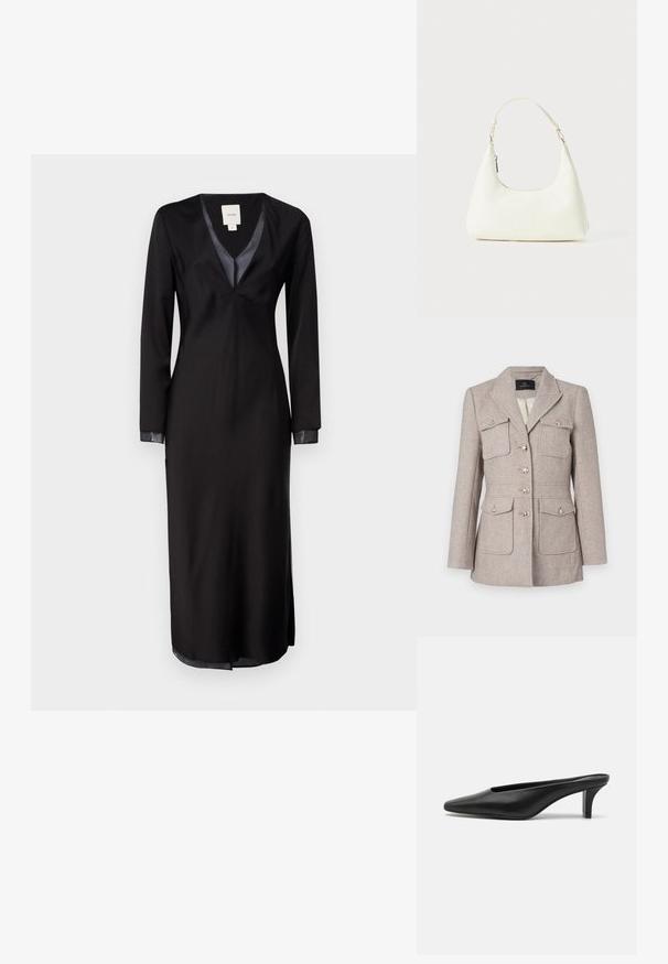 Csontszőttes mintájú, világos bézs színű zakó, testre szabott fazonnal, két mellzsebbel, gombos ellátással és ezüst színű gombokkal.; Fekete, hosszú ujjú ruha sima anyagból, mély V-kivágással, selyem részletekkel a gallérnál és oldalsó hasítékokkal a szabad mozgás érdekében.; Fekete bőr, hegyes orrú mokaszin, alacsony stiletto sarokkal. Simább textúra, minimalista kialakítás, és nyitott hátul a könnyű felvétel érdekében.; Kicsi fehér válltáska egyetlen állítható pánttal és cipzárral, egy sima fehér háttér előtt.