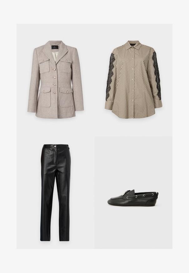 Sacou cu model houndstooth în bej deschis, cu croială ajustată, având două buzunare la piept, închidere cu butoane și butoane de ton argintiu.; Cămașă cu guler, cu dungi verticale negre și bej. Are accente de dantelă neagră pe ambele mâneci. Față cu nasturi, croi lejer.; Pantaloni din piele ecologică negri cu model de crocodil, fit slim, design drept, având închidere cu nasture în față și talie standard.; Pantofi de barcă din piele neagră, cu vârf rotund, închidere cu șireturi, cu ochiuri metalice și talpă plată. Au un mic tab de prindere în spate.