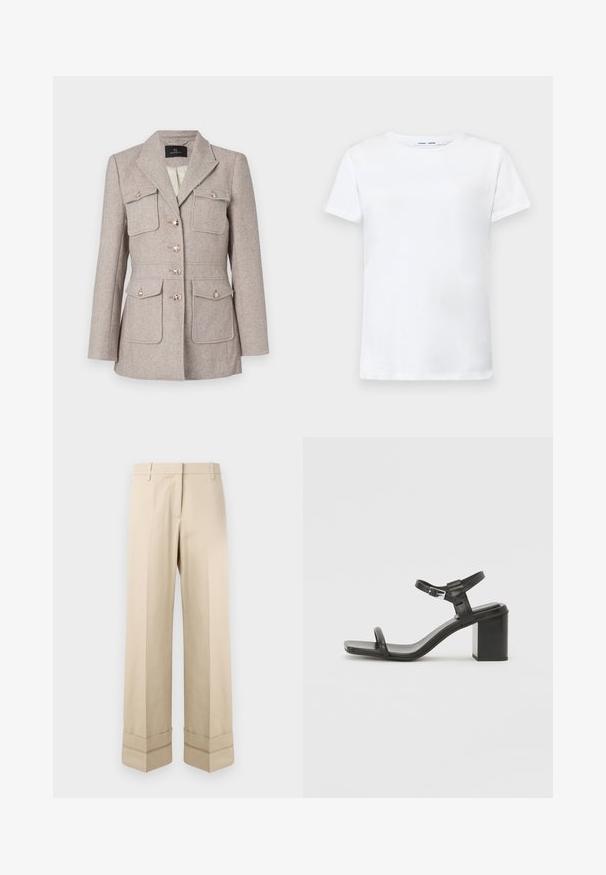 Blazer prydet med hounds tooth mønster i lys beige med en skræddersyet pasform, der har to brystlommer, knaplukning og sølvfarvede knapper.; Hvid kortærmet t-shirt lavet af bomuld med rund hals. Glat tekstur og lige snit, ingen mønstre eller detaljer.; Beige bukser med lige pasform, der har en dobbelt manchet i kanten og en flad frontdesign. Lavet af glat, slidstærkt stof.; Sorte lædersandaler med blokhæle, brede stropper over tåen og justerbar ankelrem, der har et slankt, minimalistisk design.