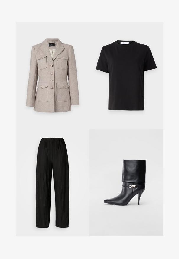 Švarkas su houndstooth raštu šviesiai bežinės spalvos, pritaikytas pagal figūrą, su dviem krūtinės kišenėmis, su mygtukais priekyje ir sidabro spalvos mygtukais.; Juodas trumpas rankovės marškinėliai, pagaminti iš minkštos medvilnės, su apvaliu iškirpimu, laisvu pritaikymu ir lygiu paviršiumi. Nėra matomų raštų ar grafikos.; Juodos plisuotos plačios kojos kelnės su elastine juostos. Medžiaga pasižymi vertikaliomis plokštelėmis ir lygiu paviršiumi.; Juodos odinės kulkšninių botų su smailiu nosiu, aukštu stiletto kulnu, apvyniojamu kraštu ir auksine dekoratyvine sagtimi prie kulkšnies.