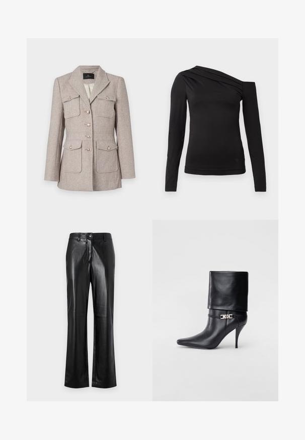Blazer s kostkovaným vzorem houndstooth ve světle béžové barvě, s přiléhavým střihem, obsahující dvě náprsní kapsy, zapínání na knoflíky a knoflíky ve stříbrném tónu.; Černý top s dlouhým rukávem a asymetrickým výstřihem, jedním ramenem odkrytým a jemným drapováním přes hrudník.; Černé kožené kalhoty se střihováním rovného nohavice, vyznačující se předním zapínáním na knoflík, poutky na opasek a hladkým, lesklým povrchem.; Černé kožené kotníkové boty s špičatou špičkou, vysokým stiletto podpatkem, ohrnovací manžetou a zlatým ozdobným přezkovým detailem na kotníku.