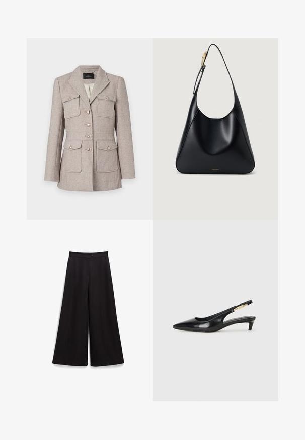 Houndstooth patterned blazer in light beige with a tailored fit, featuring two chest pockets, button front, and silver-tone buttons.; White cotton t-shirt with a crew neckline, short raglan sleeves, and a relaxed fit. Smooth texture with no visible patterns or accents.; Black wide-leg trousers featuring a smooth texture, a button closure at the waist, and a relaxed fit. No visible patterns or accents.; Black leather slingback heels with a pointed toe, featuring a slim heel and a gold-tone accent on the adjustable strap. Smooth texture.; Black leather shoulder bag with a smooth texture, curved silhouette, and a gold hardware accent. Features embossed brand logo at the base.