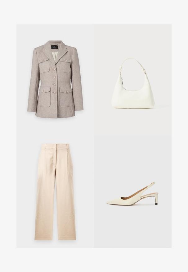 Blazer im Hahnentritt-Muster in hellbeige mit taillierter Passform, ausgestattet mit zwei Brusttaschen, knöpfbarem Frontverschluss und silberfarbenen Knöpfen.; Weißes, kurzes T-Shirt, kurze weite Ärmel, weicher Baumwollstoff, runder Ausschnitt mit subtilen orangefarbenen Akzenten, minimales Design, keine Muster oder Grafiken.; Beige Hose aus glattem Stoff. Mit geradem Schnitt, flachem Bund und zwei Falten. Keine sichtbaren Muster oder Beschläge.; Spitz zulaufender Slingback-Schuh aus cremefarbenem Leder, ausgestattet mit einem niedrigen Absatz und einem ausgeschnittenen Design mit glatter Textur und minimalen Akzenten.; Kleine weiße Schultertasche mit einem verstellbaren Tragegurt und einem Reißverschluss, vor einem schlichten weißen Hintergrund.