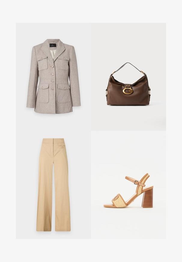 Houndstooth patterned blazer in light beige with a tailored fit, featuring two chest pockets, button front, and silver-tone buttons.; White cropped T-shirt, short wide sleeves, soft cotton material, round neckline with subtle orange trim, minimal design, no patterns or graphics.; Beige wide-leg pants made of cotton blend fabric. Features a smooth texture, elastic waistband, and a side button detail.; Brown leather and woven straw heeled sandals, featuring an ankle strap, open toe, and a chunky wood-like heel with horizontal stripes.; Brown leather handbag with a textured finish, featuring a gold-tone hardware clasp and a single, curved shoulder strap.