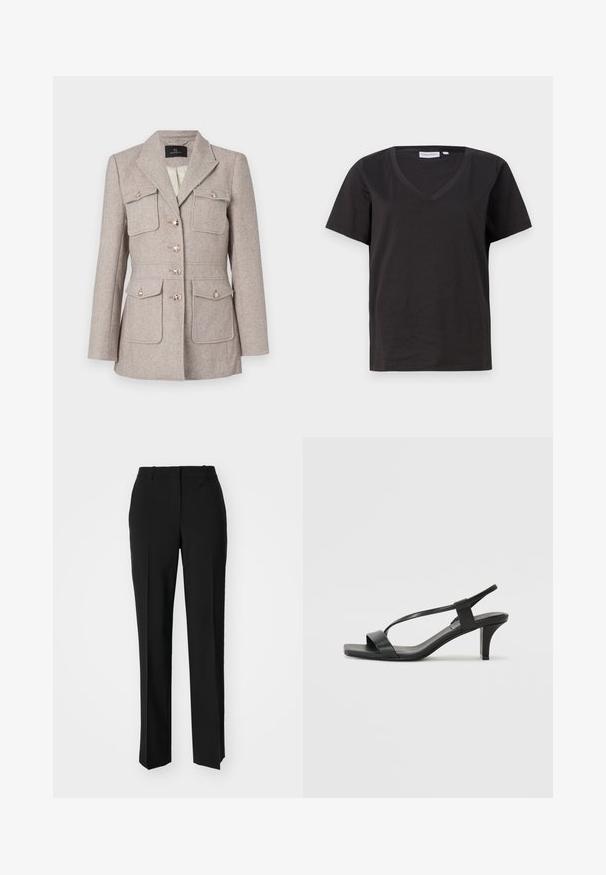 Blazer med houndstooth-mønster i lys beige med en skreddersydd passform, som har to brystlommer, knappefront og sølvfargede knapper.; Svart bomull T-skjorte med V-hals og korte ermer. Enkel design med vanlig passform og uten mønstre eller detaljer.; Sorte skreddersydde bukser med rett silhuett, med en glatt tekstur og klare pressede bretter foran. Ingen synlig maskinvare.; Svarte hæl-sandaler med et slankt stroppedesign, firkantet tå og en mellomhøy blokkheel. Laget av glatt lær med en matt finish.