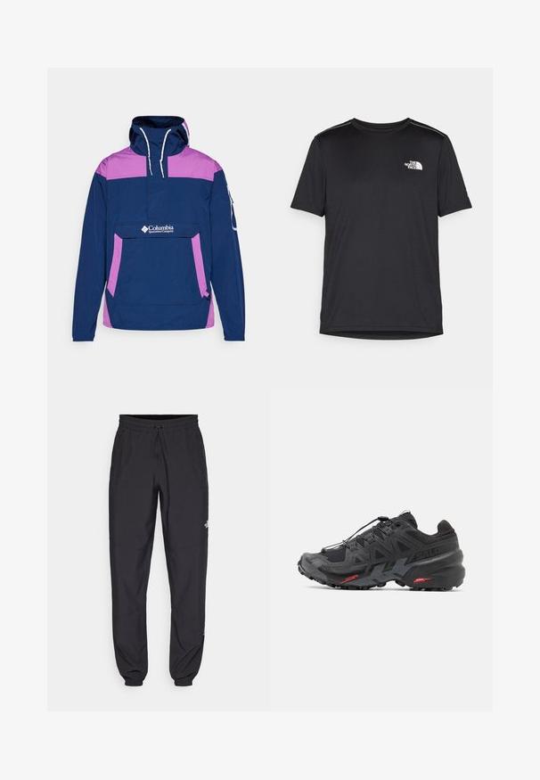 Marineblauer und rosa Pulloverjacke mit Kapuze, Fronttasche, weißen Kordeln und Logo. Glatte Textur, lange Ärmel und sportliches Design.; Schwarzes T-Shirt mit kurzen Ärmeln aus leichtem Stoff. Mit einem kleinen weißen Logo auf der linken Brust und dezenten Akzenten an den Schultern.; Schwarze Sporthosen aus leichtem Stoff, mit einem Kordelzugbund, seitlichen Taschen und schmal zulaufenden Bündchen an den Knöcheln.; Schwarzer Laufschuh mit synthetischem Obermaterial, strukturiertem Design und kontrastierenden roten Akzenten. Verfügt über ein gesichertes Schnürsystem und eine robuste Außensohle.
