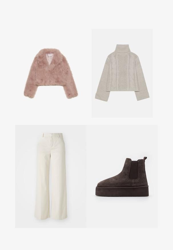 Rosa fuskpälsjacka i cropped modell med sjalkrage, långa ärmar och mjuk textur. Fodrad insida med minimal detaljering.; Beskurad, ljusgrå stickad tröja med hög krage och ribbade manschetter, med strukturerade kablar som går längs bakstycket och sidorna.; Vidbenade byxor i en ljus beige färg, gjorda av ett slätt tyg. Har en klassisk midja och flat front med rena linjer.; Bruna mockaskinn Chelsea-stövlar med elastiska sidopaneler och en tjock, texturerad platåsål. Har en dragflik vid hälen för enkel påtagning.