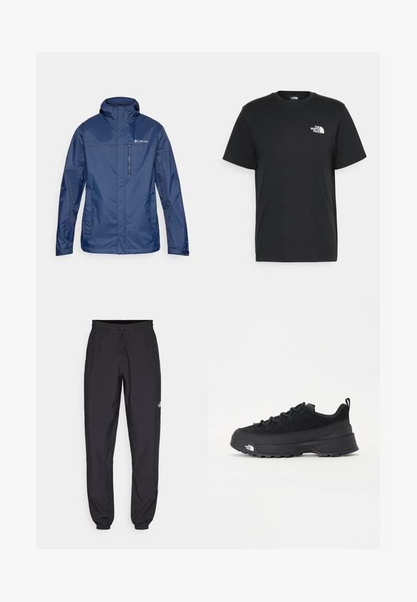 Marinblå vattentät jacka med hög krage, ficka med dragkedja på bröstet och textilier med struktur. Har logotyp på vänster sida.; Svart bomull t-shirt med kort ärm, rund halsringning och en liten vit logga på vänster bröst. Enkelt design, mjuk textur och avslappnad passform.; Svarta träningsbyxor tillverkade av lättviktsmaterial, med dragsko i midjan, sidofickor och avsmalnande muddar vid anklarna.; Svart utomhussko med ovandel i mocka, texturerad gummisula och robust snörningssystem. Har en förstärkt häl och varumärkeslogotyp på sidan.