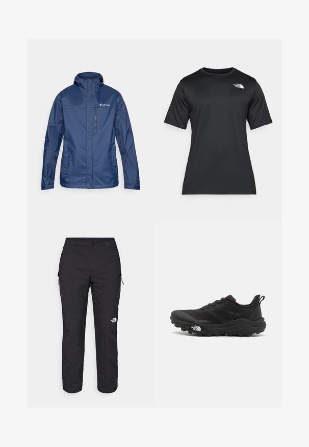 Mornarsko modra vodoodporna jakna z visokim ovratnikom, žepom na zadrgo na prsih in teksturirano tkanino. Na levi strani ima logotip.; Črna majica s kratkimi rokavi iz lahkega, vlago odvajajočega materiala. Ima belo logo na levem prsnem delu in krožni izrez.; The North Face WINTER EXPLORATION TAPERED CARGO - Hlače za na prostem - black; Črne tekaške čevlje za trail s teksturirano zgornjega dela, gumijastim podplatom in ojačanim zaključkom prstov. Vključuje oblazinjen ovratnik in zanko za enostavno obuvanje.