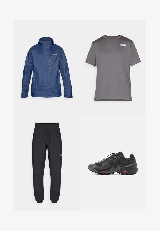 Navy blue waterproof jacket with a high collar, zippered chest pocket, and textured fabric. Features logo on the left side.; Gray short-sleeve athletic t-shirt made of smooth, lightweight fabric. Features a white logo on the left chest area. Round neck design.; Black athletic pants made from lightweight fabric, featuring a drawstring waistband, side pockets, and tapered cuffs at the ankles.; Black running shoe with synthetic upper, textured design, and contrasting red accents. Features a secured lace system and rugged outsole.