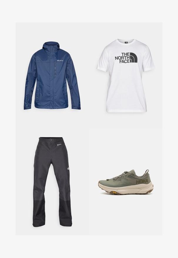 Jachetă impermeabilă de culoare albastru închis, cu guler înalt, buzunar pe piept cu fermoar și material texturat. Are logo-ul pe partea stângă.; Tricou din bumbac alb cu un imprimat grafic negru ce include text și un design al logo-ului curbat. Decolteu rotund și mâneci scurte. Textură simplă.; Pantaloni negri impermeabili cu o textură netedă, având un logo GORE-TEX pe față și picioare inferioare întărite pentru durabilitate.; Adidași de alergare verzi Hoka cu upper din Gore-Tex, accente texturate, șireturi elaste și talpă groasă bej cu logo-ul Vibram.