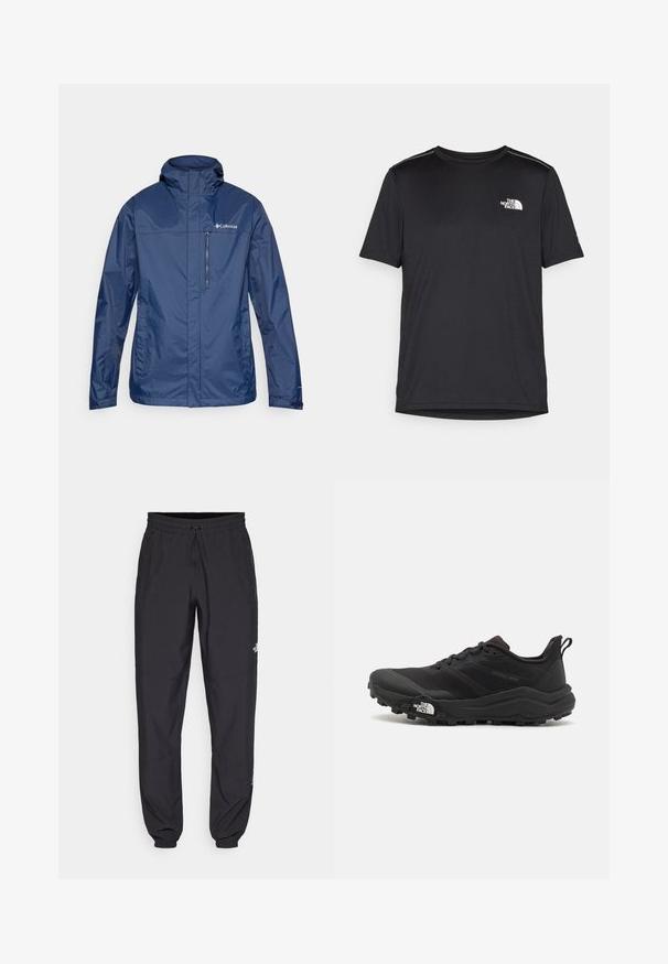 Navy blue waterproof jacket with a high collar, zippered chest pocket, and textured fabric. Features logo on the left side.; Black short-sleeve T-shirt made from lightweight fabric. Features a small white logo on the left chest and subtle shoulder accents.; Black athletic pants made from lightweight fabric, featuring a drawstring waistband, side pockets, and tapered cuffs at the ankles.; Black trail running shoe with a textured upper, rubber sole, and reinforced toe cap. Features a padded collar and pull tab for easy wear.