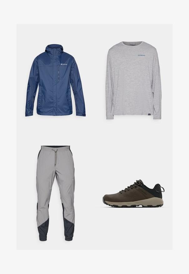 S agencias zilā ūdensnecaurlaidīga jaka ar augstu apkakli, ar rāvējslēdzēja krūšu kabatu un strukturētu audumu. Uz kreisā sāna ir redzams logo.; Gaiši pelēks garām piedurknēm t-krekls, izgatavots no mīksta, teksturēta auduma. Ar apaļu izgriezumu un nelielu zilu Patagonia logotipu uz krūtīm.; Viegls, pelēks sporta bikses ar melniem akcentiem. Elastīga josta, ar auklu aizdare, sašaurināts kāju dizains un sānu kabatas.; Brūni ūdensnecaurlaidīgi sporta apavi ar teksturētu virsu, perforētiem akcentiem, melnu papēža atbalstu un pelēku gumijas zoli. Šņores veidotas ar metāliskiem galiem.