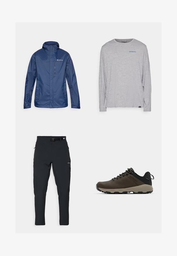 Marineblaue, wasserdichte Jacke mit hohem Kragen, Reißverschlusstasche auf der Brust und strukturiertem Stoff. Mit Logo auf der linken Seite.; Hellgraues Langarm-T-Shirt aus weichem, strukturiertem Stoff. Verfügt über einen Rundhalsausschnitt und ein kleines blaues Patagonia-Logo auf der Brust.; Columbia ESSENTIAL HIKE™ PANT - Outdoor-Hose - black; Braune wasserdichte Sneakers mit einer strukturierten Oberseite, perforierten Akzenten, schwarzem Fersenschutz und einer grauen Gummisohle. Die Schnürsenkel sind mit metallischen Enden gestaltet.