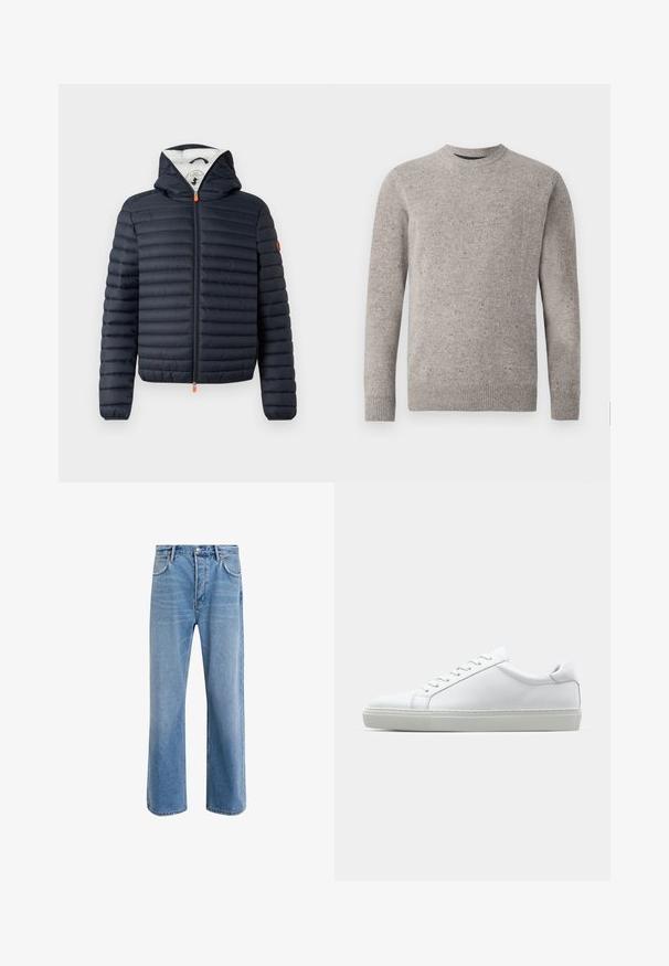Marineblauwe donzen jas met een rits aan de voorkant, capuchon en horizontaal doorgestikt ontwerp. Voorzien van een oranje ritstrekker en een logo op de linkermouw.; Lichtgrijze gebreide trui met een ronde hals, lange mouwen en geribde manchetten en zoom. Gestructureerd patroon met kleurvlekken.; Lichtblauwe denim jeans met een straight-leg ontwerp, vijf zakken, knoopsluiting, minimale vervaging en contrasterende stikseldetails.; Witte sneaker met een gladlederen bovenwerk en een laag profiel. Voorzien van een ronde neus, zes vetergaatjes en een gestructureerde rubberen zool.
