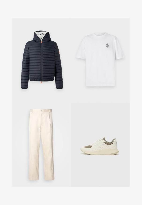 Doudoune bleu marine avec fermeture éclair sur le devant, capuche et design matelassé horizontal. Comprend un tire-zip orange et un logo sur la manche gauche.; T-shirt en coton blanc avec une coupe décontractée, présentant un petit logo graphique noir sur le côté gauche de la poitrine. Manches courtes, col rond.; Pantalon en coton beige avec une coupe droite, présentant une fermeture à bouton et des plis sur le devant pour plus de détails.; Basket de sport blanche et beige clair, avec une tige en maille, des détails perforés et une semelle intermédiaire texturée avec un logo sur le talon.