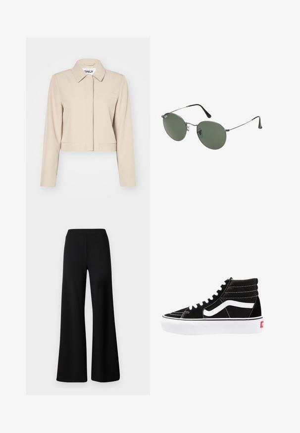 Skosená béžová bunda s golierom, dlhými rukávmi, jednou náprsník pocketou a hladkou textúrou látky. Minimalistický dizajn bez viditeľných zapínaní.; Dve bezrukávové topy v čiernej a bielej farbe, vyrobené z rebrovanej bavlny, s okrúhlym výstrihom a priliehavým strihom. Viditeľné štítky na oboch.; Čierne široké nohavice vyrobené z mäkkej, elastickej tkaniny. Majú hladký elastický pás a jednoduchý, bez ozdôb dizajn.; Čierne vysoké tenisky s bielymi šnúrkami, bielym logom a kontrastným bielym prešívaním. Majú hrubú bielu podrážku a textúrovaný semišový zvršok.; Sunglass s metalovým rámom s oválnymi zelenými šošovkami. Tenký strieborný kovový rám a čierne štuple za uši. Minimalistický dizajn, bez viditeľných log.