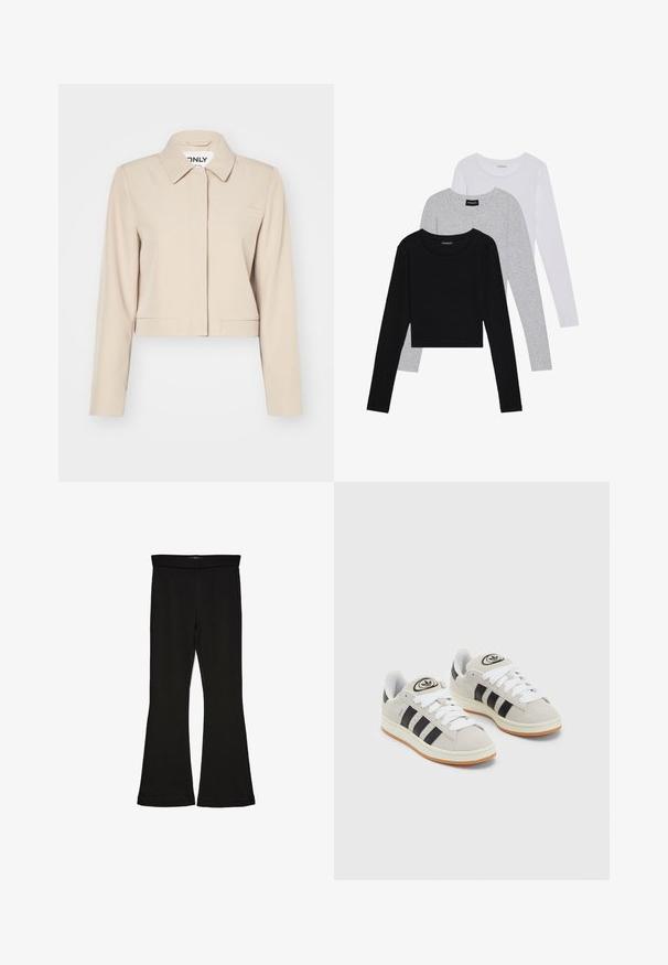 Sagriezta bežā krāsā žakete ar apkakli, garām piedurknēm, vienu krūšu kabatu un gludu auduma tekstūru. Minimālistisks dizains bez redzamām aizdare.; Trīs garām piedurknēm veidotas augšdaļas, sakrautās: melna, pelēka un balta. Katram ir noapaļots kakla izgriezums un īsa dizaina forma ar gludu, vieglu audumu.; Melnas flared leggings, kas izgatavotas no stiepjama auduma. Iezīmējas ar platu jostasvietu un gludu tekstūru, ar pieguļošu siluetu, kas paplašinās pie apakšmalas.; Pelēkas zamšādas kedas ar baltām saites, melnām svītrām un baltu gumijas zoli. Raksturīga apļa logo uz mēles un gumijas zole.