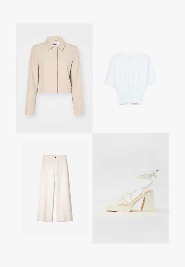 Beige Jacke mit Kragen, langen Ärmeln, einer Brusttasche und glatter Stoffoberfläche. Minimalistisches Design ohne sichtbare Verschlüsse.; Weißes T-Shirt mit kurzen Ärmeln, lockerer Passform und gerafftem Stoff an der Taille. Aus weichem, leichtem Material gefertigt.; Cremfarbene weitem Hosen mit maßgeschneidertem Design, ausgestattet mit zwei vorderen Taschen und einem vorderen Knopfverschluss, aus glattem Stoff gefertigt.; Weiße High-Heel-Sandale mit einem klobigen Absatz, die über ein Riemchendesign und ein Knöchelband verfügt. Glatte Textur mit einer Plattform vorne für zusätzliche Höhe.