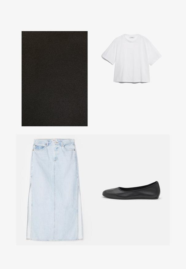 Juodas audinys su lygiu tekstūru, turintis nuoseklų audimo raštą. Nėra matomų raštų ar akcentų.; Balta medvilninė marškinėliai su trumpomis rankovėmis, apvaliu iškirpimu, laisvu siluetu ir be matomų raštų ar grafikų. Lygus paviršius ir paprastas dizainas.; Šviesiai mėlynas džinsinis maksi sijonas su tiesiu kirpimu, su šoninėmis išpjovomis ir penkių kišenių dizainu. Išryškintas siuvinėjimas ir metalinė sagtis.; Juodai odiniai baletai su apvaliu pirštu, lygi texture, minimalus siuvimo detales ir lanksčiu padų dizainu.