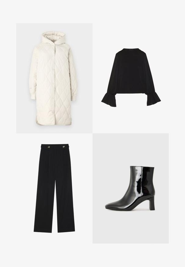 Quiltad, knälång kappa i ljus grädde med huva. Har ett diamantmönster, tryckknappar och vida ärmar för komfort.; Svart långärmad topp med utställda ärmslut, mjuk textur och avslappnad passform, med en enkel rund halsringning.; Svarta vida byxor med hög midja, knäppdetaljer i midjan och framfickor.; Svart lackläder ankelboot med spetsig tå och en medelhög klack. Slät textur och minimalistisk design.
