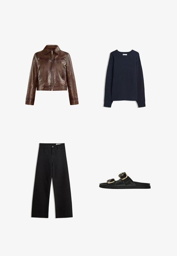 Braune Lederjacke mit einem cropped Design, verbreitetem Kragen, zwei Brusttaschen und durchgehendem Reißverschluss. Glatte Oberfläche mit sichtbaren Steppnähten.; Dunkelblauer Pullover mit V-Ausschnitt, langen Ärmeln sowie gerippten Bündchen und Saum. Hergestellt aus weichem Strickmaterial, hat er eine lockere Passform und ein minimalistisches Design.; Schwarze weit geschnittene Jeans mit hoher Taille, ausgestattet mit Vorder- und Hintertaschen, gesteppten Nähten und einem Knopfverschluss. Glatte Textur.; Schwarze Riemensandale mit zwei goldenen Schnallendetails, glattem Material, flachem Sohlen und minimalistischer Gestaltung.