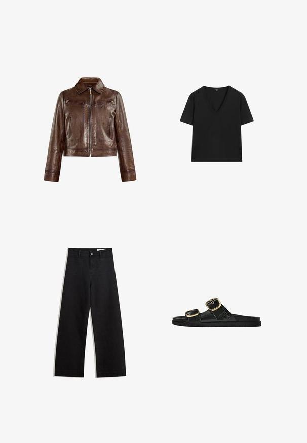 Bruine leren jas met een cropped ontwerp, gespreide kraag, dubbele borstzakken en een ritssluiting aan de voorkant. Hete textuur met zichtbare stiksels.; Zwarte T-shirt met korte mouwen en V-hals, met een eenvoudig, aansluitend ontwerp op een witte achtergrond.; Zwarte denim broek met wijde pijpen en een hoge taille, voorzien van voor- en achterzakken, gestikte naden en een knoopsluiting. Gladde textuur.; Zwarte slipper met twee gouden gesps, gladde textuur, platte zool en een minimalistisch ontwerp.