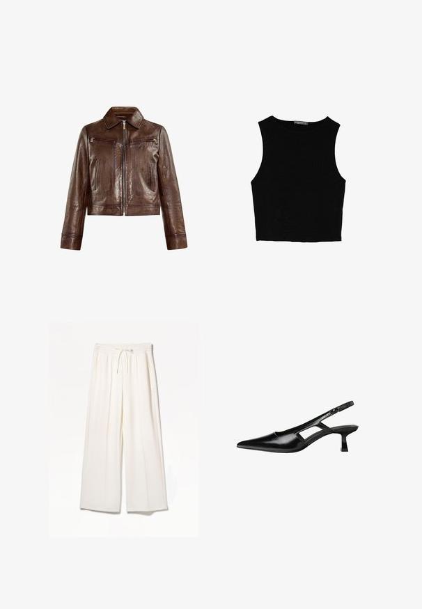 Brun læderjakke med en cropped design, spredt krave, to brystlommer og lynlås foran. Glat tekstur med synlige sømdetaljer.; Sort ærmeløs crop top lavet af glat stof, med rund hals og et rent, enkelt design uden mønstre eller hardware.; Hvide brede bukser lavet af letvægtsstof, med elastisk talje, snøre og sidelommer uden synlige mønstre.; Sorte patentlæder slingback hæle med spids tå, udskåret sideskærm og en lille firkantet hæl. Glat tekstur med minimale detaljer.