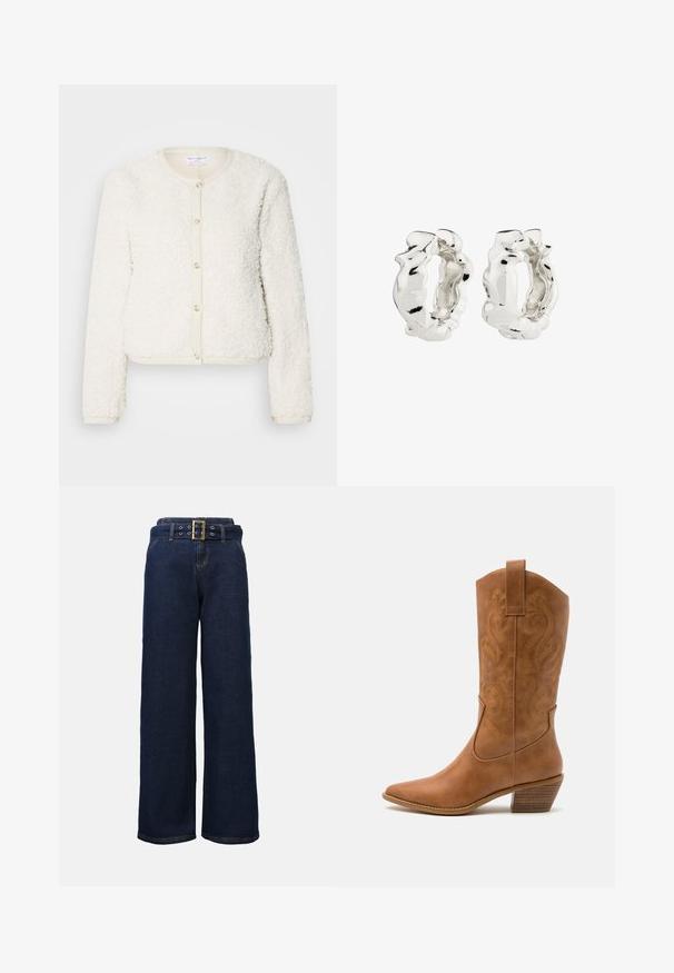 Biały, puszysty kardigan o długich rękawach, okrągłym dekolcie i zapięciu na guziki z przodu. Akcentowany jasnobeżowym wykończeniem.; Koszula zapinana na guziki z pionowymi paskami w odcieniach niebieskiego, czarnego i białego. Wykonana z gładkiego materiału, z klasycznym kołnierzykiem i zapięciem na guziki.; Ciemnoniebieskie dżinsowe spodnie szerokie w nogawkach z haftowanymi kieszeniami i pasującym paskiem z dużą prostokątną złotą klamrą.; Brązowe skórzane kowbojki z wyciągniętym nosem, haftowanymi wzorami spiralnymi na cholewie oraz blokowym obcasem. Posiadają pętlę ułatwiającą zakładanie.; Srebrne kolczyki w kształcie kółek o fakturowanym, nieregularnym wzorze. Powierzchnia jest lustrzana, ukazując krzywizny i kontury. Wnętrze jest puste.