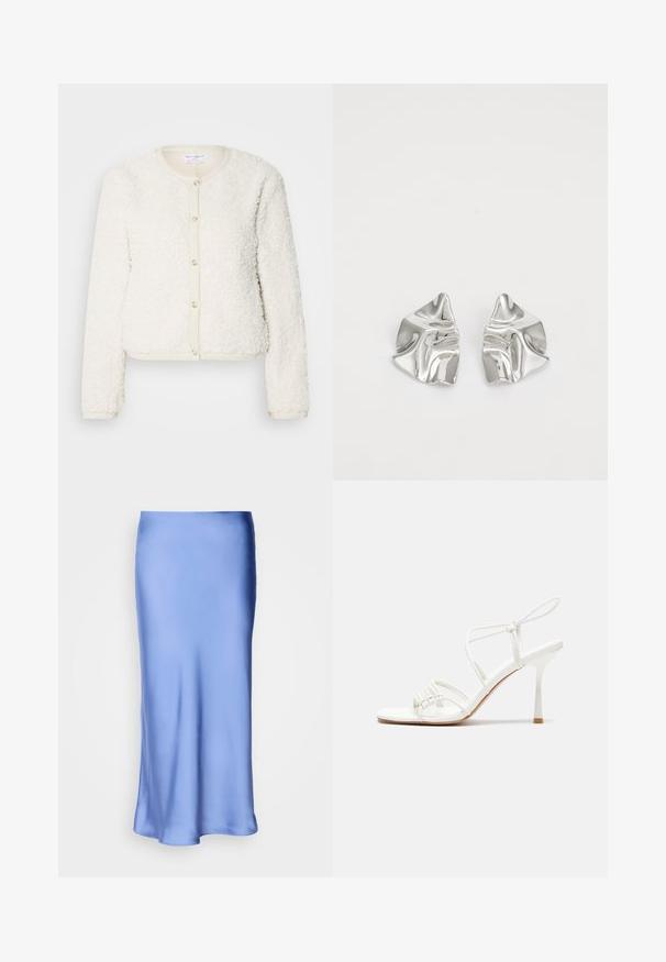 Valkoinen, pörröinen kardigan, jossa on pitkät hihat, pyöreä kaulus ja etupainike. Korostettu vaaleanbeigeillä yksityiskohdilla.; Asymmetriseeritud valge top, millel on ühe õla disain, valmistatud siledast kangast, omades istuvat siluetti ja puhtaid servi.; Satiini sininen midi-hame, jossa on sileä ja kiiltävä pinta. Reilusti levenevä siluetti, helman kaari on hellävarainen, korostaen sen virtaviivaista muotoilua.; Valkoinen remmillä varustettu korkokenkä, jossa tasapohja, teksturoitu etuosa koukkuineen ja kapea nilkkaremmi.; Hopeakauppaketju, jossa on aaltoileva, veistoksellinen muotoilu ja kiiltävä pinta, esittelee epäsäännöllisiä muotoja, korostaen nykyaikaista estetiikkaa.