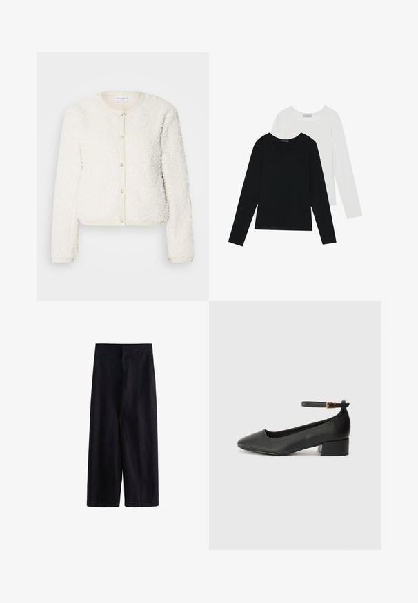 Bela, puhasta teksturirana kardigana z dolgimi rokavi, okroglo ovratnico in sprednjim gumbom za zapiranje. Poudarjen z svetlo bež robom.; Dva dolga rokava, en črn in en bel, oba z kvadratnim izrezom in narejena iz mehkega, raztegljivega materiala.; Črne široke hlače, narejene iz lahke tkanine. Imajo ravno širino v pasu s sprednjim zadrgo in žepi, primerne za vsakodnevno ali formalno nošnjo.; Črne usnjene pumpice z nazobčanimi prsti in nizko blokasto peto. Imajo trak okoli gležnja z zaponko v zlatem tonu. Gladka tekstura.