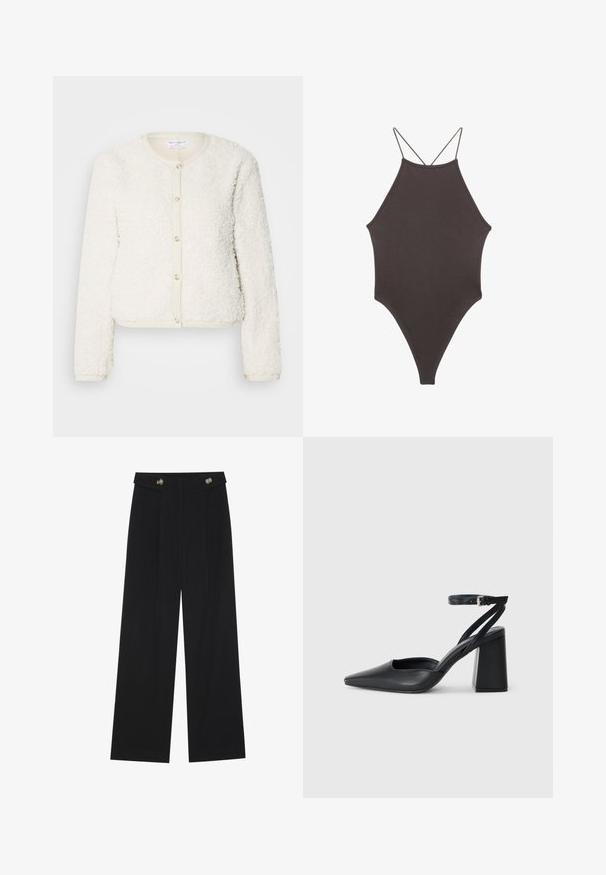 Bijela, pahuljasta kardigan sa dugim rukavima, okruglim izrezom i prednjim kopčanjem na gumbe. Upečatljiv s svijetlosmeštrim rubom.; Smeđi jednodijelni kupaći kostim s visokim ovratnikom i tankim, prilagodljivim trakama; ima visoko izrezane nogavice i glatku teksturu. Bez uzoraka ili dekoracija.; Crne hlače širokih nogavica s visokim strukom, s dugmadi na pojasu i prednjim nabora.; Crne kožne cipele s špicastim vrhom, remenom oko gležnja i debelim potplatom. Ravna tekstura, elegantan dizajn i minimalistička estetika.