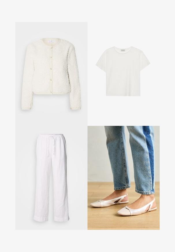 Hvid, fluffy tekstureret cardigan med lange ærmer, rund halsudskæring og knaplukning foran. Accentueret med en lys beige kant.; Hvid kortærmet T-shirt lavet af blødt bomuld. Har en rund halsudskæring og en afslappet pasform. Rent design uden synlige mønstre eller accenter.; Hvide linnedbukser med en afslappet pasform, elastisk talje og snoretræk. Har lige ben og opsmøgede sømme for et afslappet udseende.; Lyserøde slingback flade sko med spidse tær, lavet af et glat læderlignende materiale. Har udskæringsdetaljer på siderne og en flad hæl.