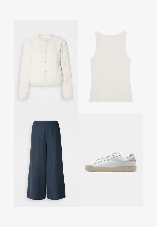 Cardigan blanc en texture duveteuse avec des manches longues, un col rond et une fermeture à boutons à l'avant. Accentué par une bordure beige clair.; Débardeur en coton blanc avec un col large et de fines bretelles. Texture lisse sans motifs ni embellissements visibles.; Pantalons à jambes larges en bleu marine, fabriqués à partir d'un tissu léger. Dotés d'une surface légèrement texturée, d'une taille élastique et de coutures avant.; Sneaker en cuir blanc avec une finition lisse, accents en suède beige, bout arrondi, design à lacets plats et semelle en caoutchouc texturée.