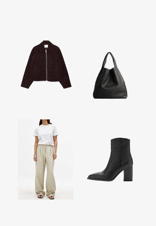 Brun mockaskinn kort jacka med krage, framtida dragkedja och sidofickor. Har en mjuk textur och breda ärmar.; Grå fluffig tröja med hög krage, lagd över en semi-transparent kjol i dämpade nyanser, ihopparad med svarta loafers och en taupe-väska.; Beiga vida byxor med framfåror och en slät textur, kombinerat med en figurnära vit bomullströja. Svarta flip-flops fulländar looken.; Svart läderankelboot med spetsig tå och strukturerad klack, med en slät yta och minimala sömnadsdetaljer.; Svart vävd tote-väska med två handtag. Mjuk textur, slapp design och en stor, rundad form. Inga synliga detaljer eller accenter.